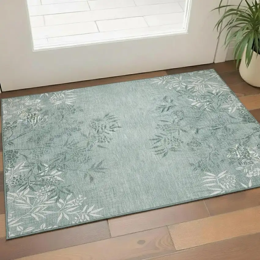 Sage And Ivory Floral Washable Area Rug With UV Protection Photo 1