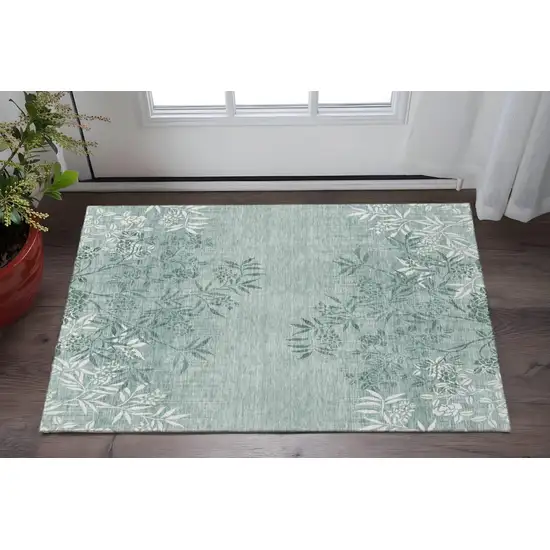 Sage And Ivory Floral Washable Area Rug With UV Protection Photo 2