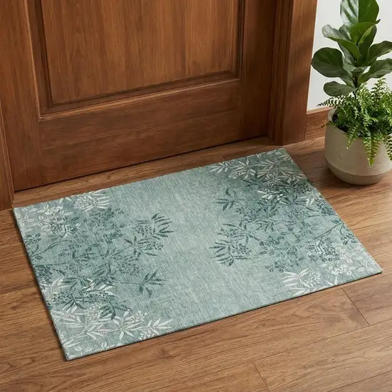 Sage And Ivory Floral Washable Area Rug With UV Protection Photo 1