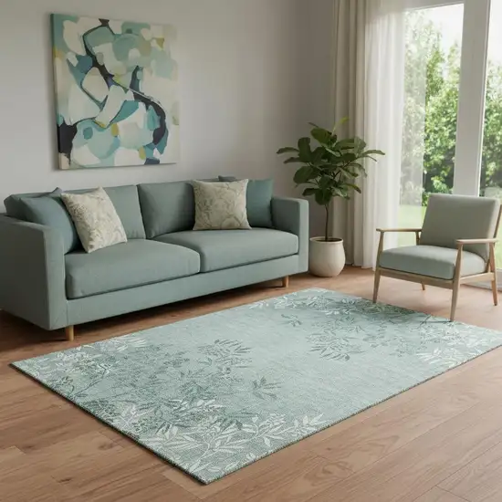 Sage And Ivory Floral Washable Area Rug With UV Protection Photo 1