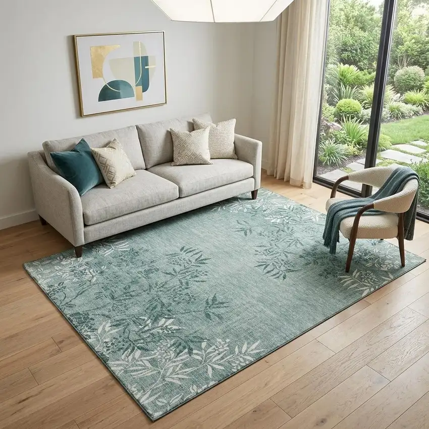Sage And Ivory Floral Washable Area Rug With UV Protection Photo 1