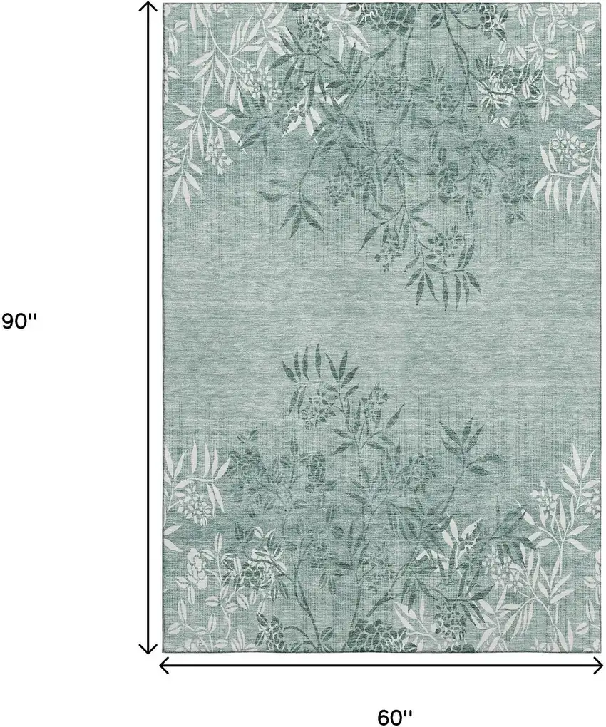Sage And Ivory Floral Washable Area Rug With UV Protection Photo 3