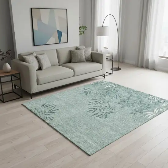 Sage And Ivory Floral Washable Area Rug With UV Protection Photo 1
