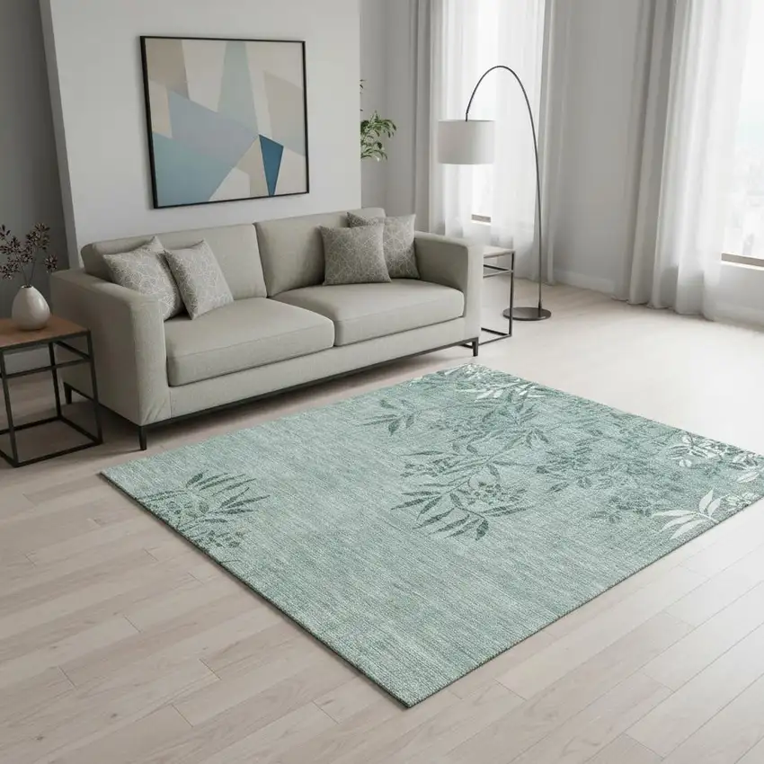 Sage And Ivory Floral Washable Area Rug With UV Protection Photo 1