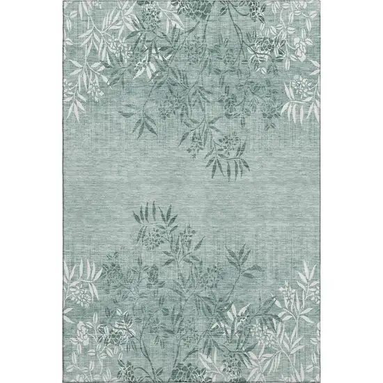Sage And Ivory Floral Washable Area Rug With UV Protection Photo 2
