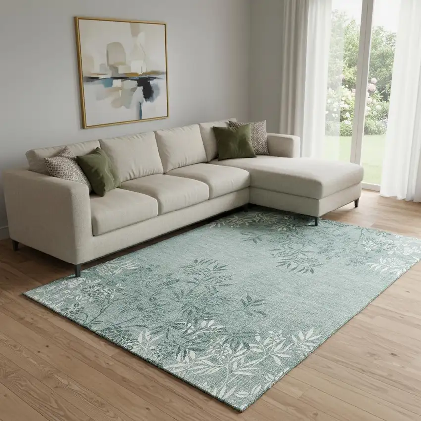 Sage And Ivory Floral Washable Area Rug With UV Protection Photo 1