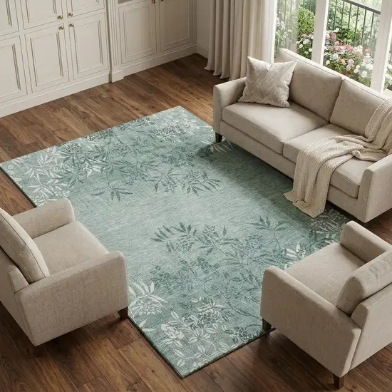 Sage And Ivory Floral Washable Area Rug With UV Protection Photo 1