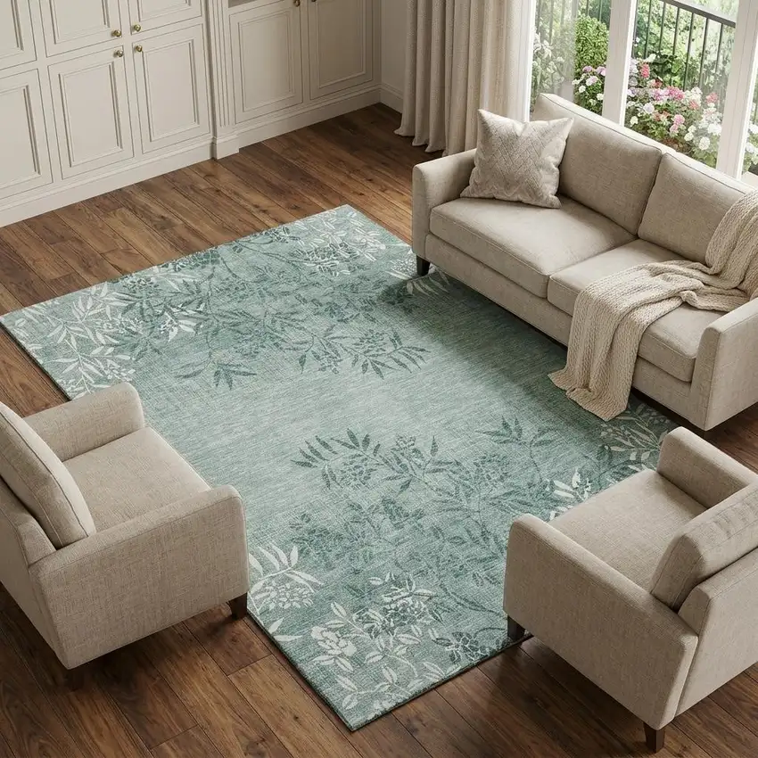 Sage And Ivory Floral Washable Area Rug With UV Protection Photo 1