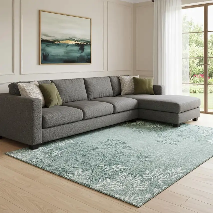 Sage And Ivory Floral Washable Area Rug With UV Protection Photo 1