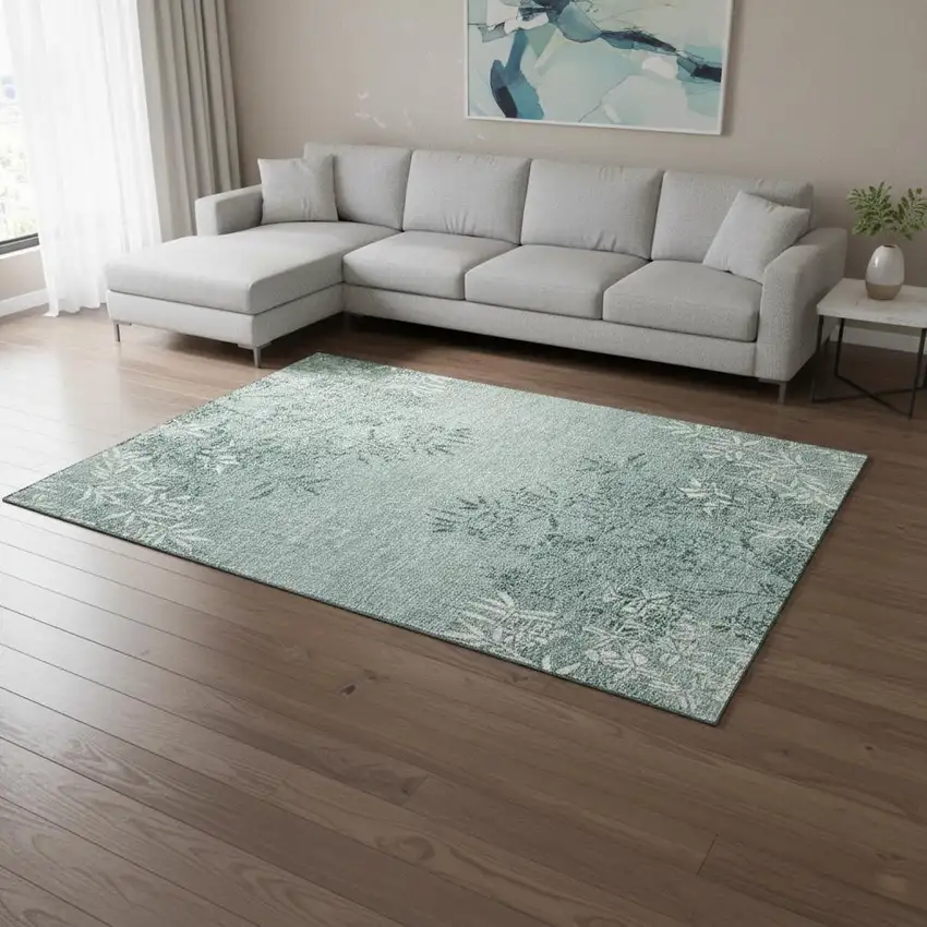 Sage And Ivory Floral Washable Area Rug With UV Protection Photo 1