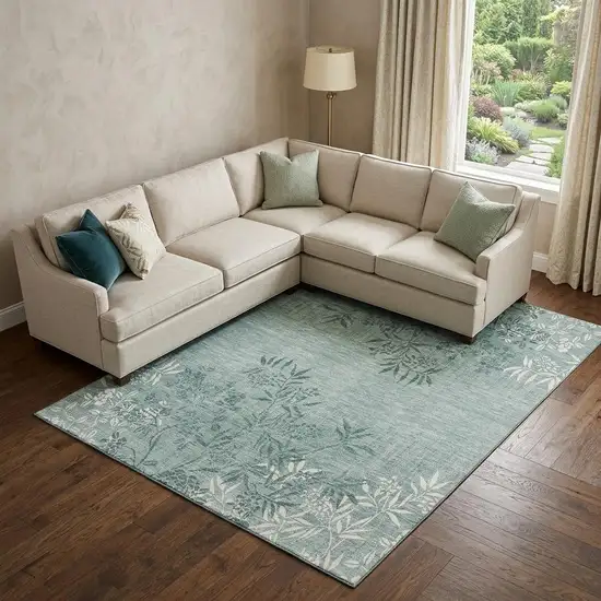 Sage And Ivory Floral Washable Area Rug With UV Protection Photo 1
