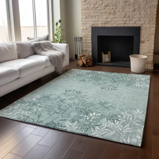 Sage And Ivory Floral Washable Area Rug With UV Protection Photo 4