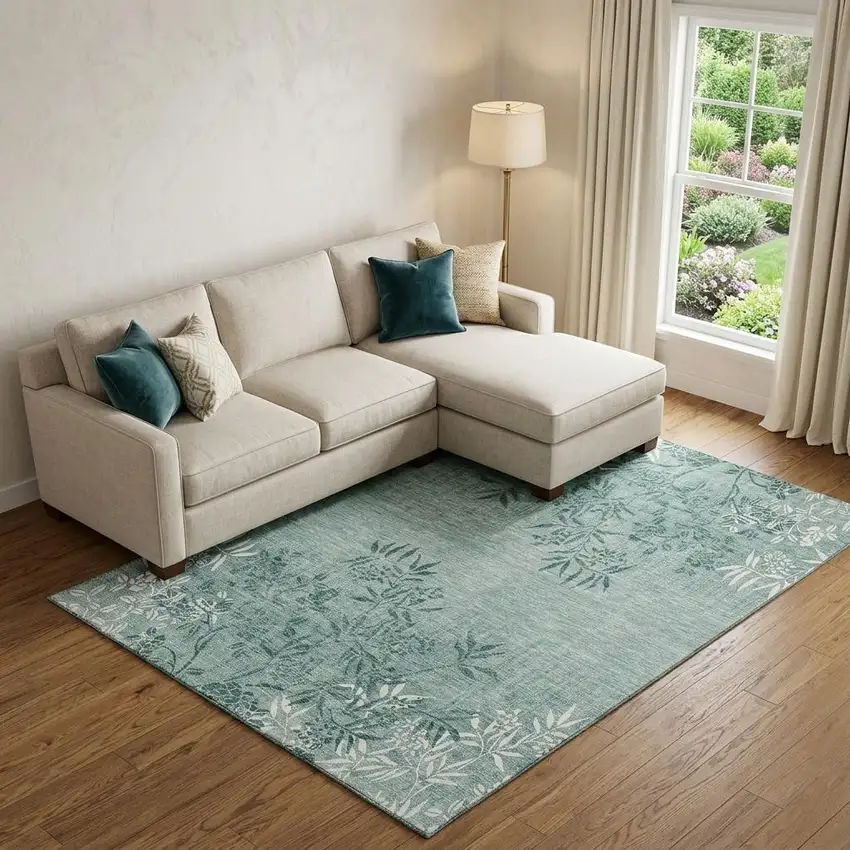 Sage And Ivory Floral Washable Area Rug With UV Protection Photo 1