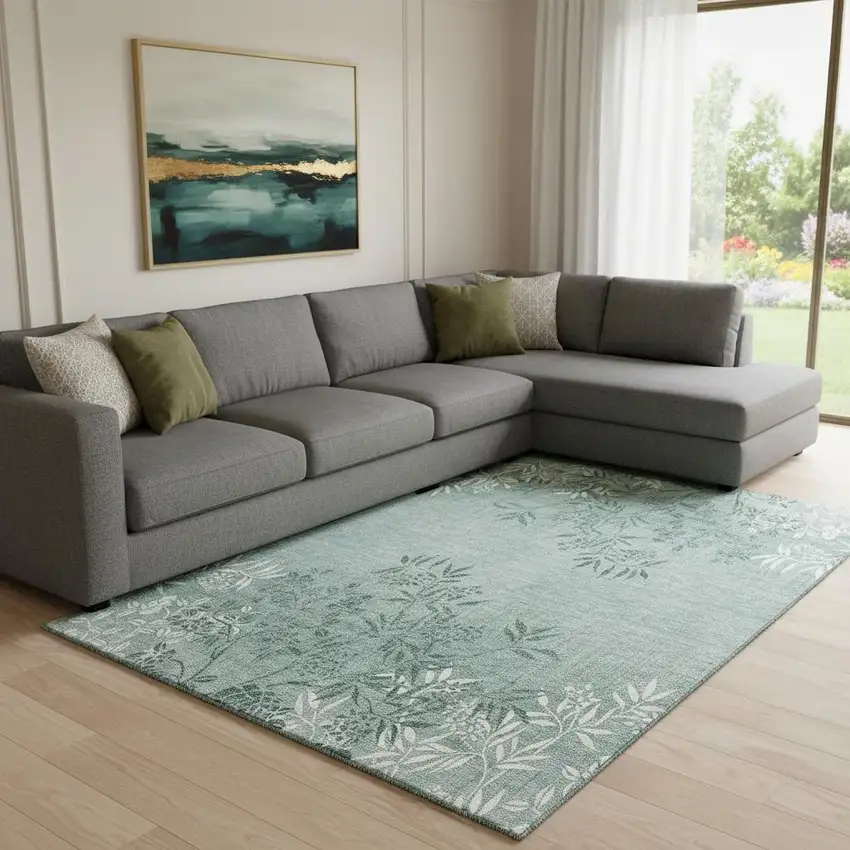 Sage And Ivory Floral Washable Area Rug With UV Protection Photo 1