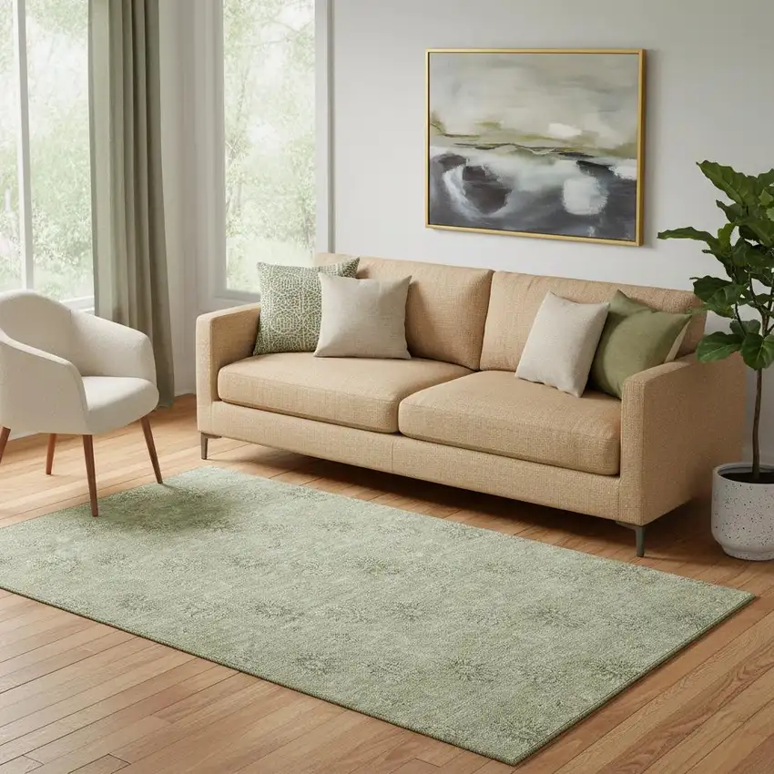 Sage And Ivory Floral Washable Area Rug With UV Protection Photo 1