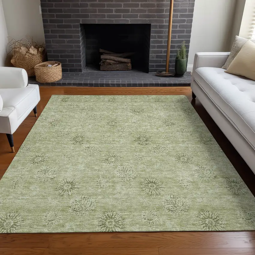Sage And Ivory Floral Washable Area Rug With UV Protection Photo 5
