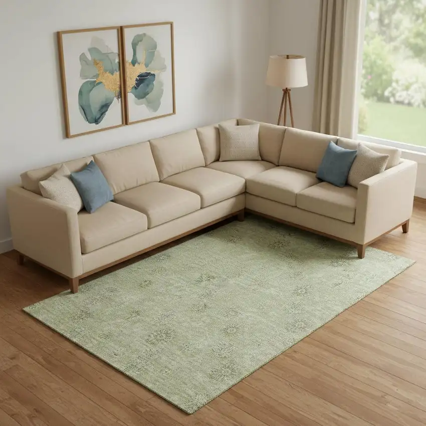 Sage And Ivory Floral Washable Area Rug With UV Protection Photo 1