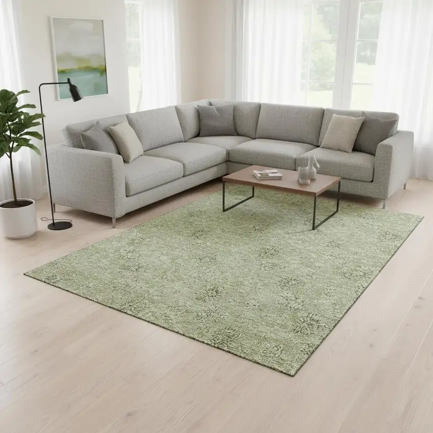 Sage And Ivory Floral Washable Area Rug With UV Protection Photo 2