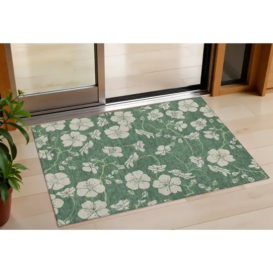 Sage And Ivory Floral Washable Indoor Outdoor Area Rug Photo 1