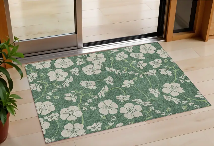 Sage And Ivory Floral Washable Indoor Outdoor Area Rug Photo 1
