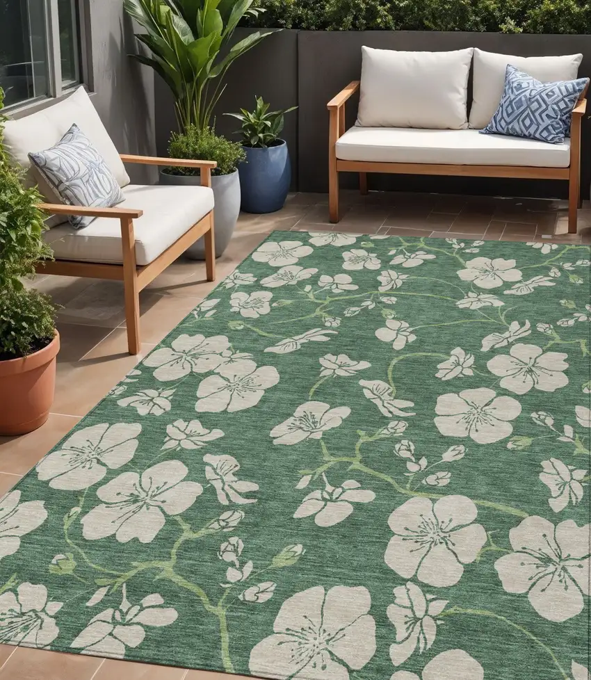 Sage And Ivory Floral Washable Indoor Outdoor Area Rug Photo 1