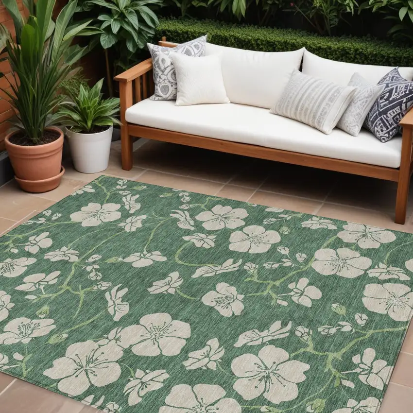 Sage And Ivory Floral Washable Indoor Outdoor Area Rug Photo 1