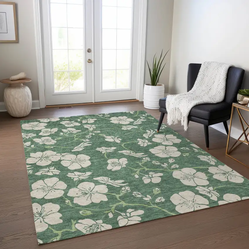 Sage And Ivory Floral Washable Indoor Outdoor Area Rug Photo 9