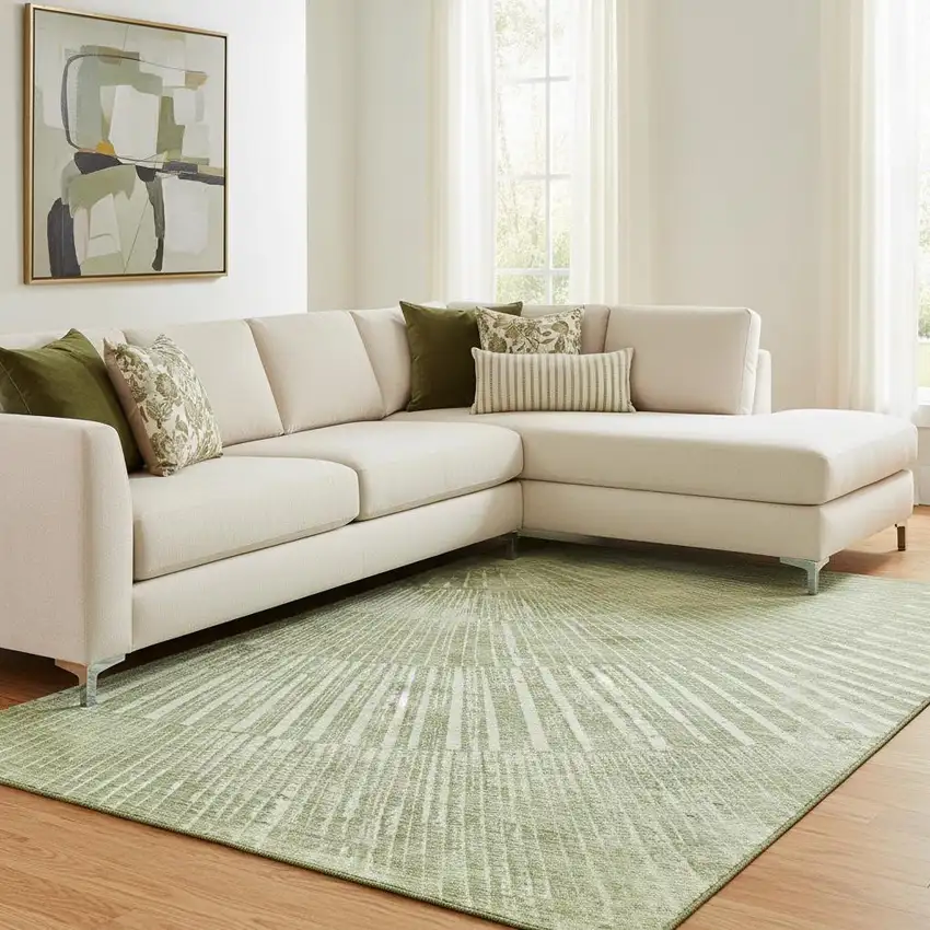 Sage And Ivory Geometric Washable Area Rug With UV Protection Photo 1