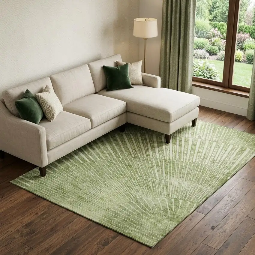 Sage And Ivory Geometric Washable Area Rug With UV Protection Photo 1