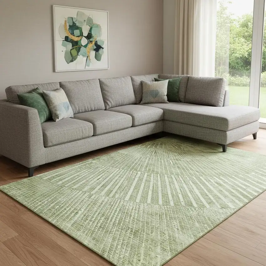 Sage And Ivory Geometric Washable Area Rug With UV Protection Photo 1