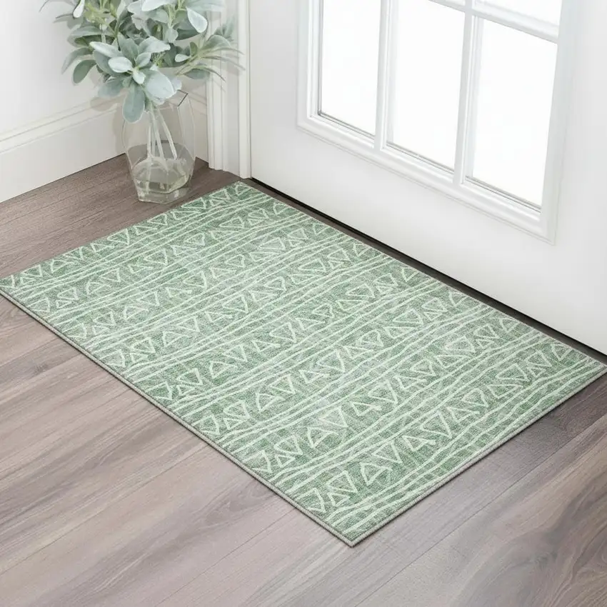 Sage And Ivory Geometric Washable Area Rug With UV Protection Photo 2