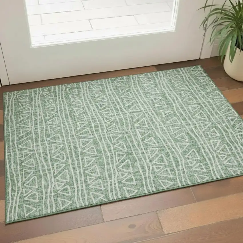 Sage And Ivory Geometric Washable Area Rug With UV Protection Photo 1