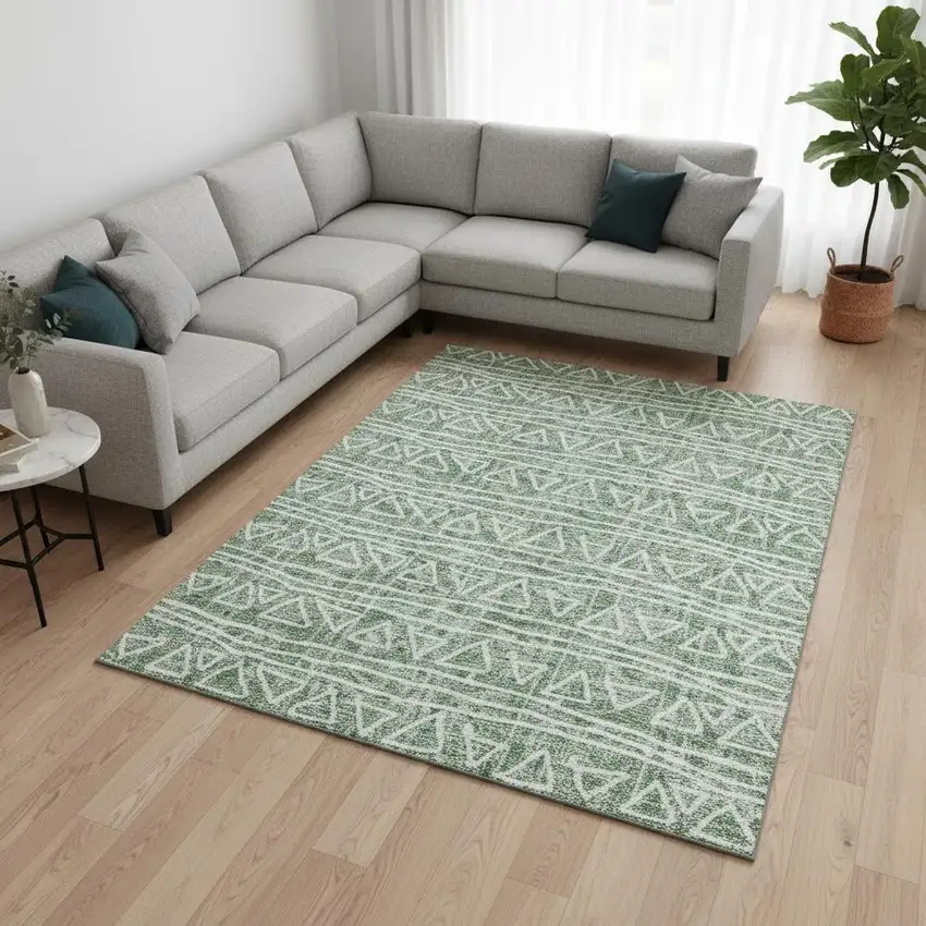 Sage And Ivory Geometric Washable Area Rug With UV Protection Photo 2