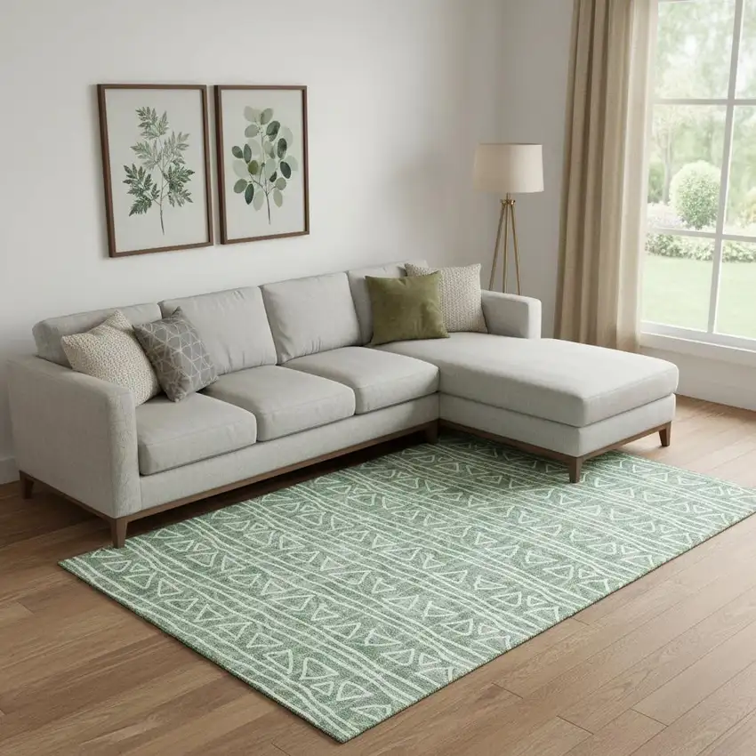 Sage And Ivory Geometric Washable Area Rug With UV Protection Photo 1