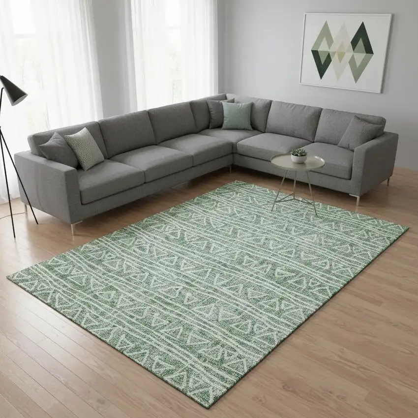 Sage And Ivory Geometric Washable Area Rug With UV Protection Photo 2