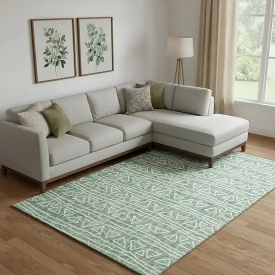 Sage And Ivory Geometric Washable Area Rug With UV Protection Photo 1