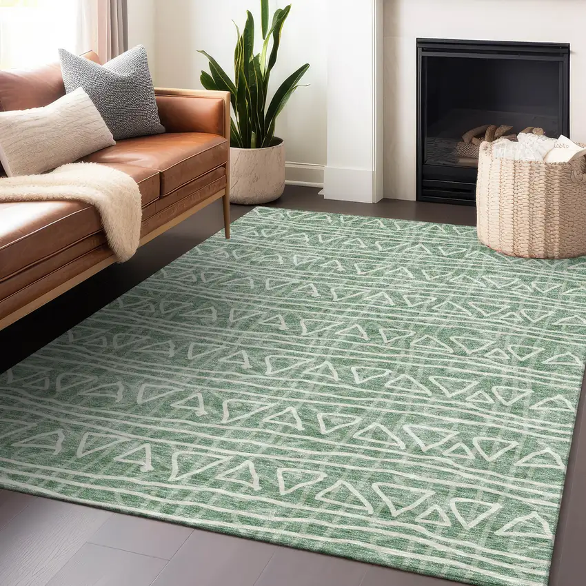 Sage And Ivory Geometric Washable Area Rug With UV Protection Photo 6