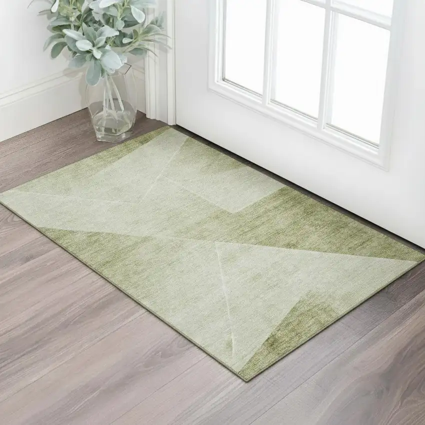 Sage And Ivory Geometric Washable Area Rug With UV Protection Photo 1