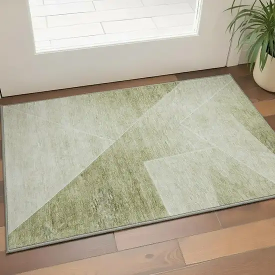 Sage And Ivory Geometric Washable Area Rug With UV Protection Photo 2