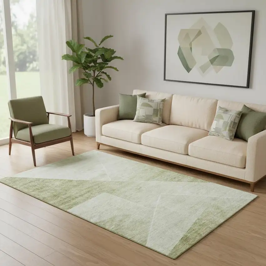Sage And Ivory Geometric Washable Area Rug With UV Protection Photo 1
