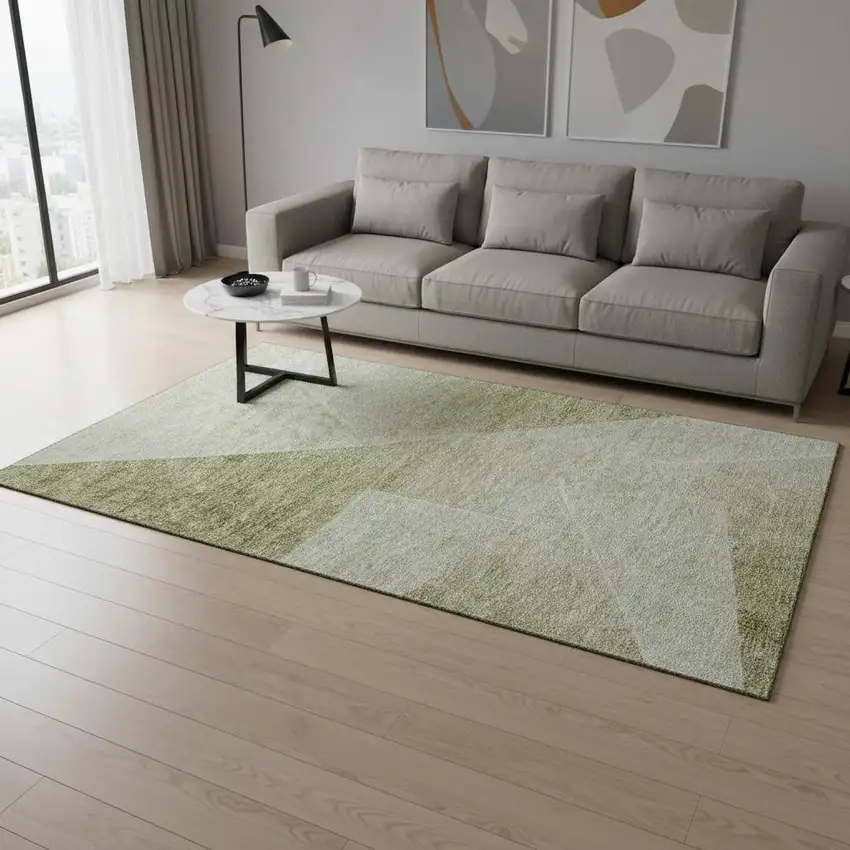Sage And Ivory Geometric Washable Area Rug With UV Protection Photo 2