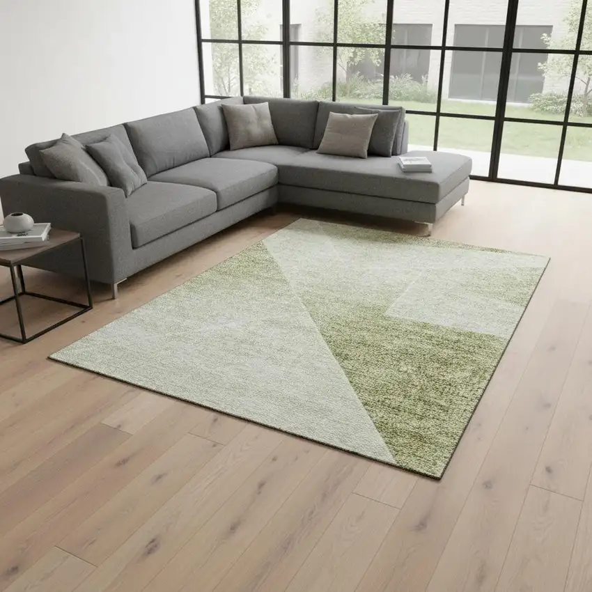 Sage And Ivory Geometric Washable Area Rug With UV Protection Photo 2