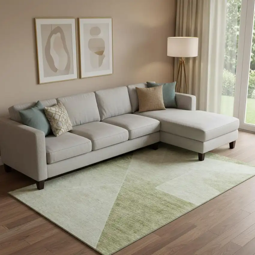 Sage And Ivory Geometric Washable Area Rug With UV Protection Photo 1