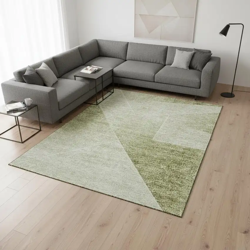 Sage And Ivory Geometric Washable Area Rug With UV Protection Photo 2
