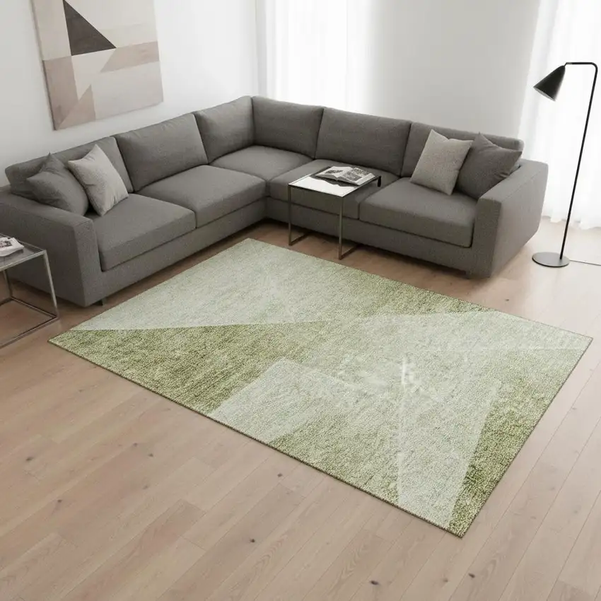 Sage And Ivory Geometric Washable Area Rug With UV Protection Photo 2