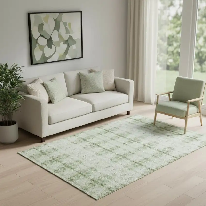 Sage And Ivory Geometric Washable Area Rug With UV Protection Photo 1