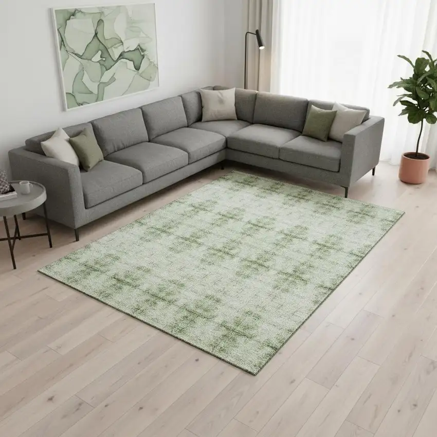 Sage And Ivory Geometric Washable Area Rug With UV Protection Photo 2