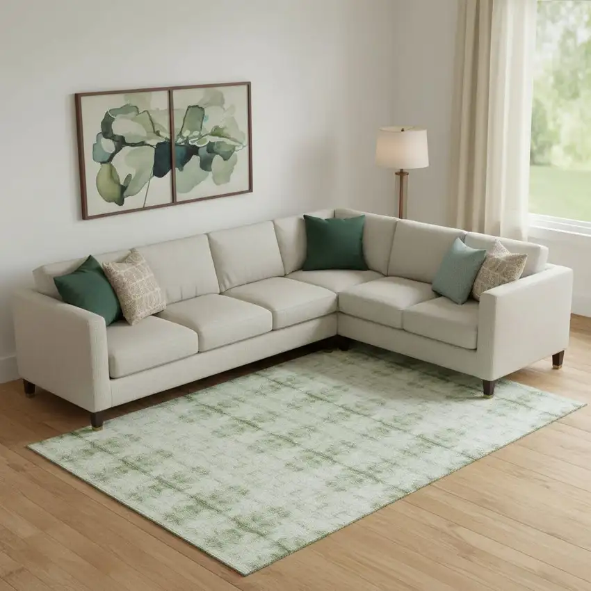 Sage And Ivory Geometric Washable Area Rug With UV Protection Photo 1