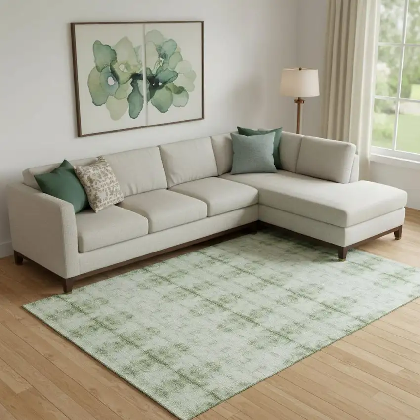 Sage And Ivory Geometric Washable Area Rug With UV Protection Photo 1