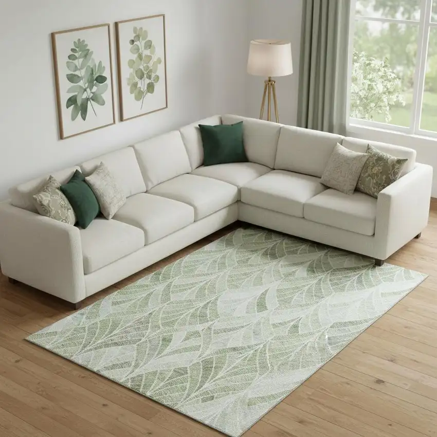 Sage And Ivory Geometric Washable Area Rug With UV Protection Photo 1